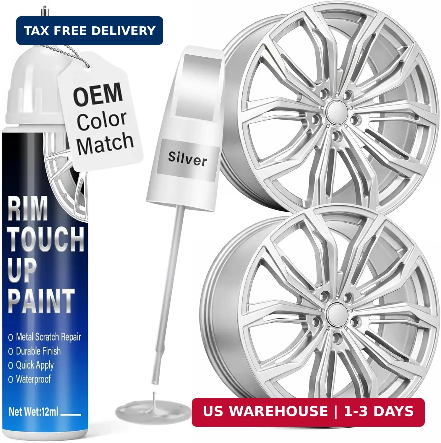 Silver Rim Touch Up Paint, 2-in-1 Brush & Tip, 0.4 fl oz - Universal Silver Rim
