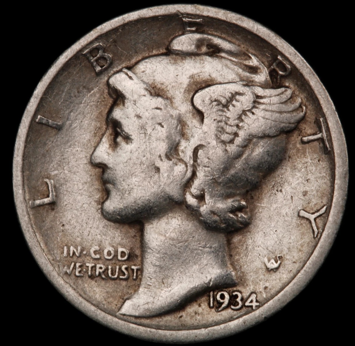 1934 D Mercury Silver Dime circulated  F Fine to Very Fine VF