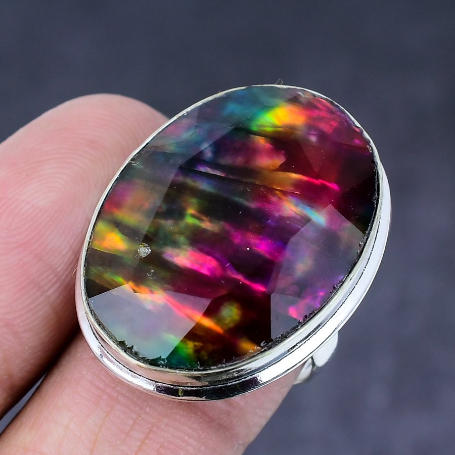 Natural Ammolite Gemstone Handmade 925 Steling Silver Jewelry Ring Size 8 O257