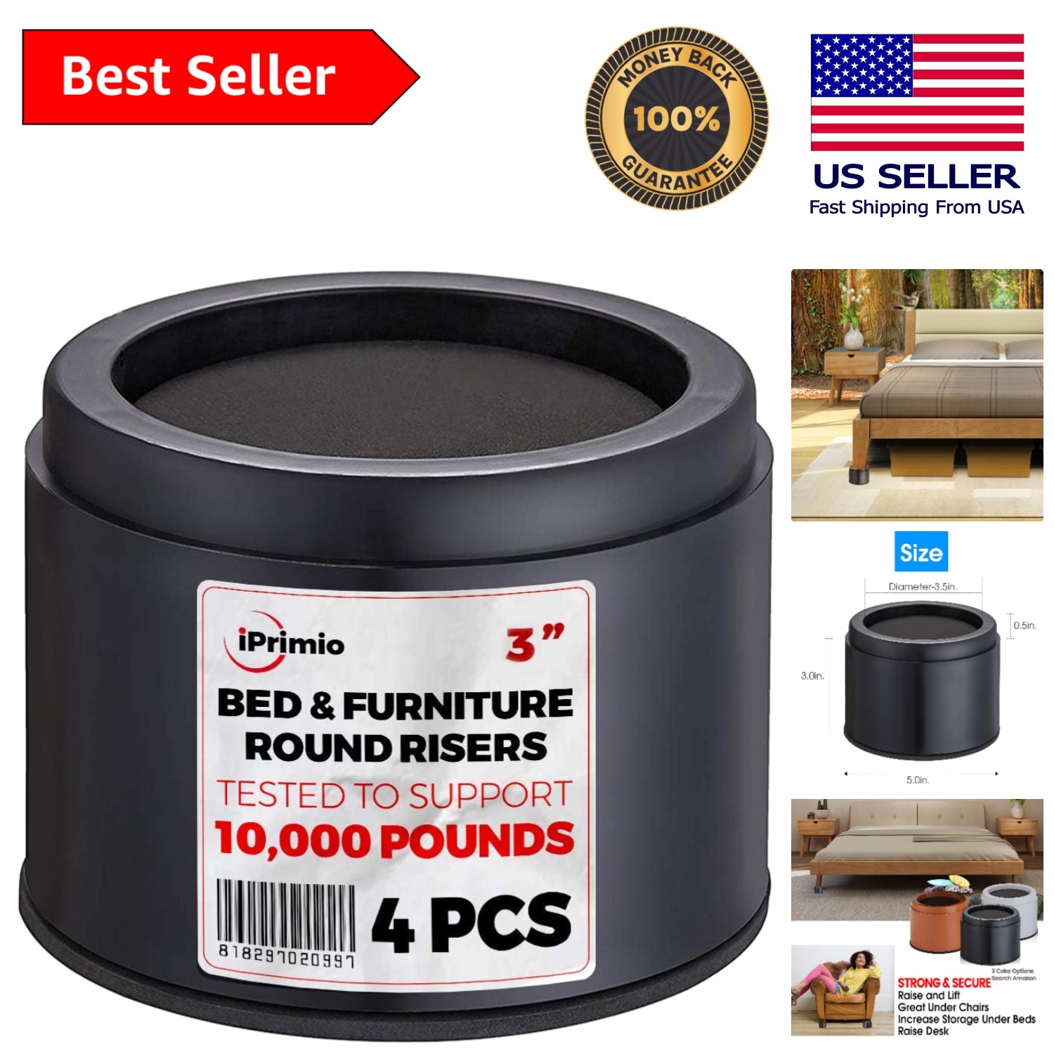 Heavy-Duty Bed Risers: 3-Inch Lift for Furniture - 4-Pack, 10,000lbs Support