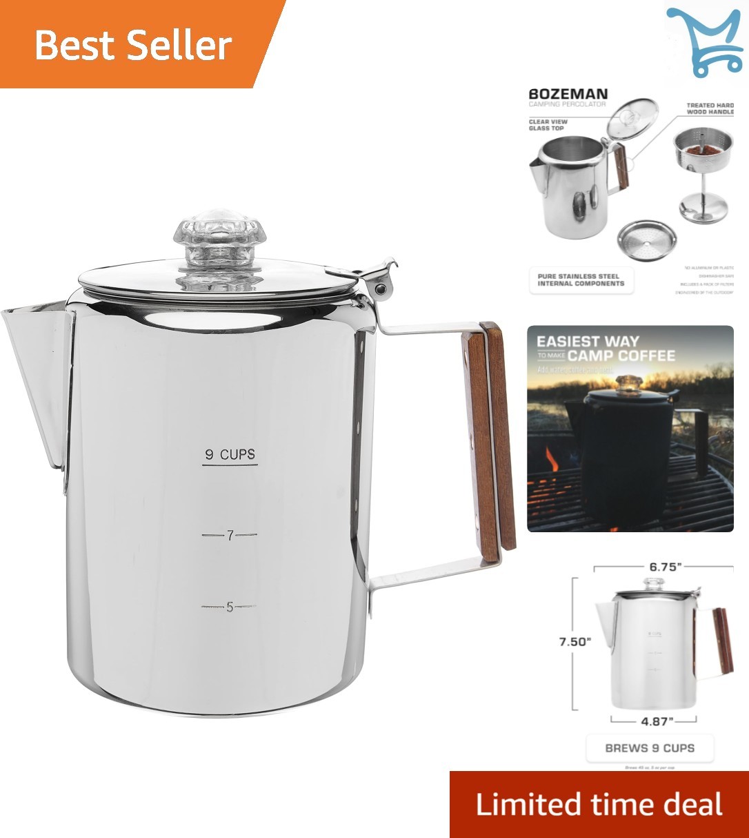 Stainless Steel Coffee Percolator 9 Cups No Plastic or Aluminum Camping Home