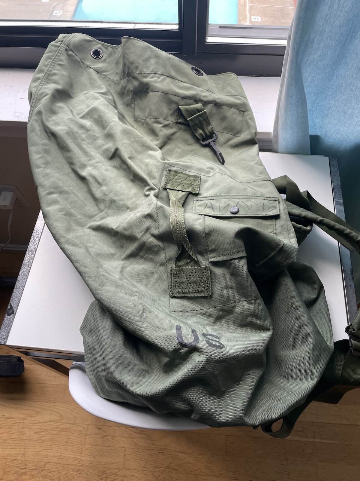 U.S Military Army Green Nylon Duffel Sea Bag Backpack Vietnam Era Stenciled “US”