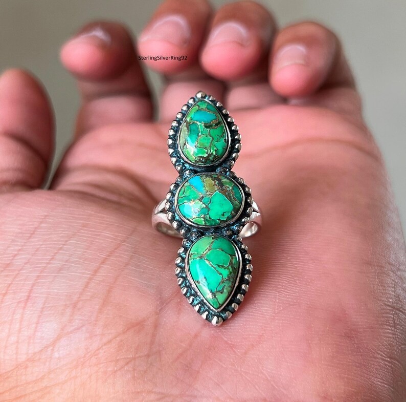 Green Copper Turquoise 925 Sterling Silver Band & Statement Handmade All Size