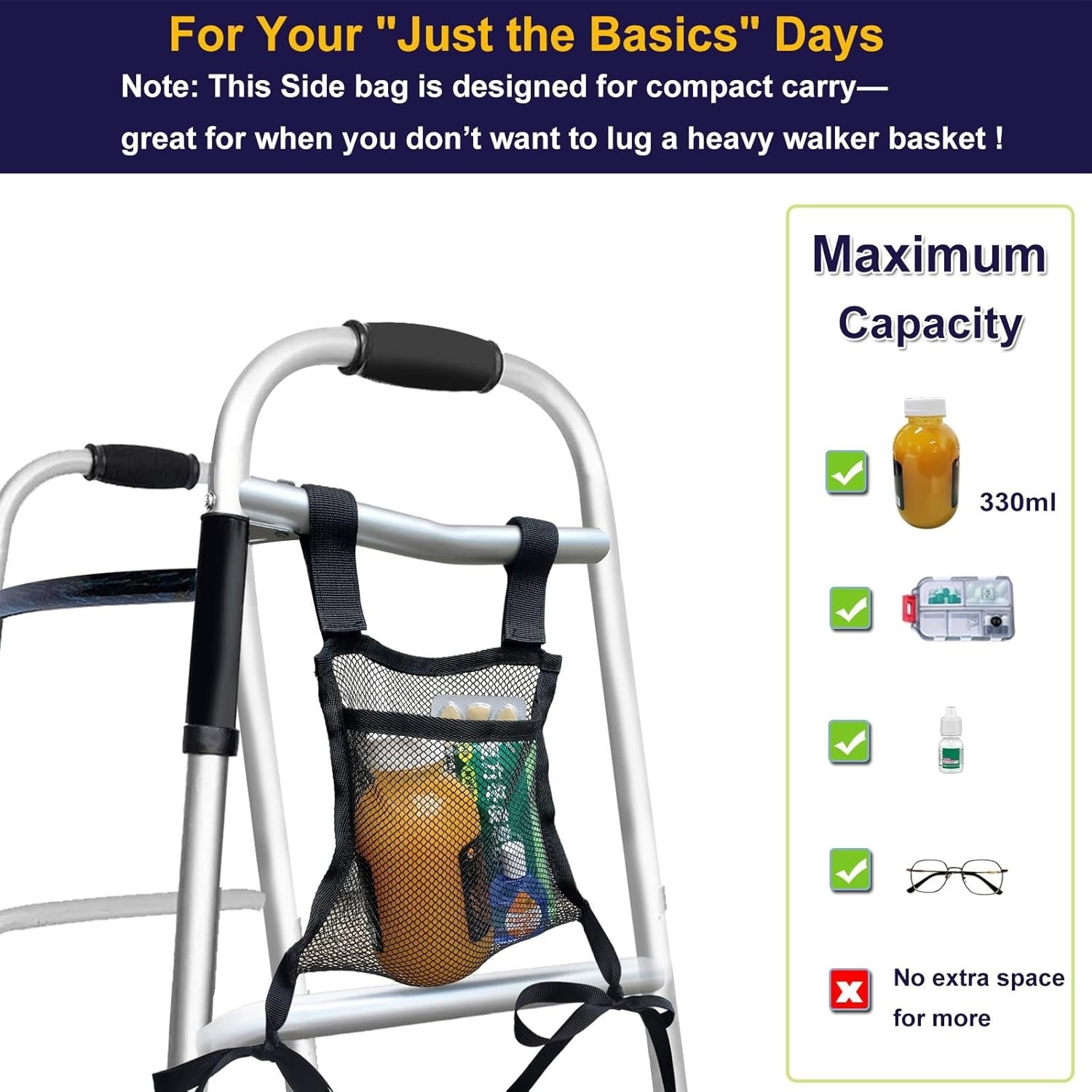 Lightweight Walker Side Bag Mesh Organizer for Essentials - Easy Attach Black