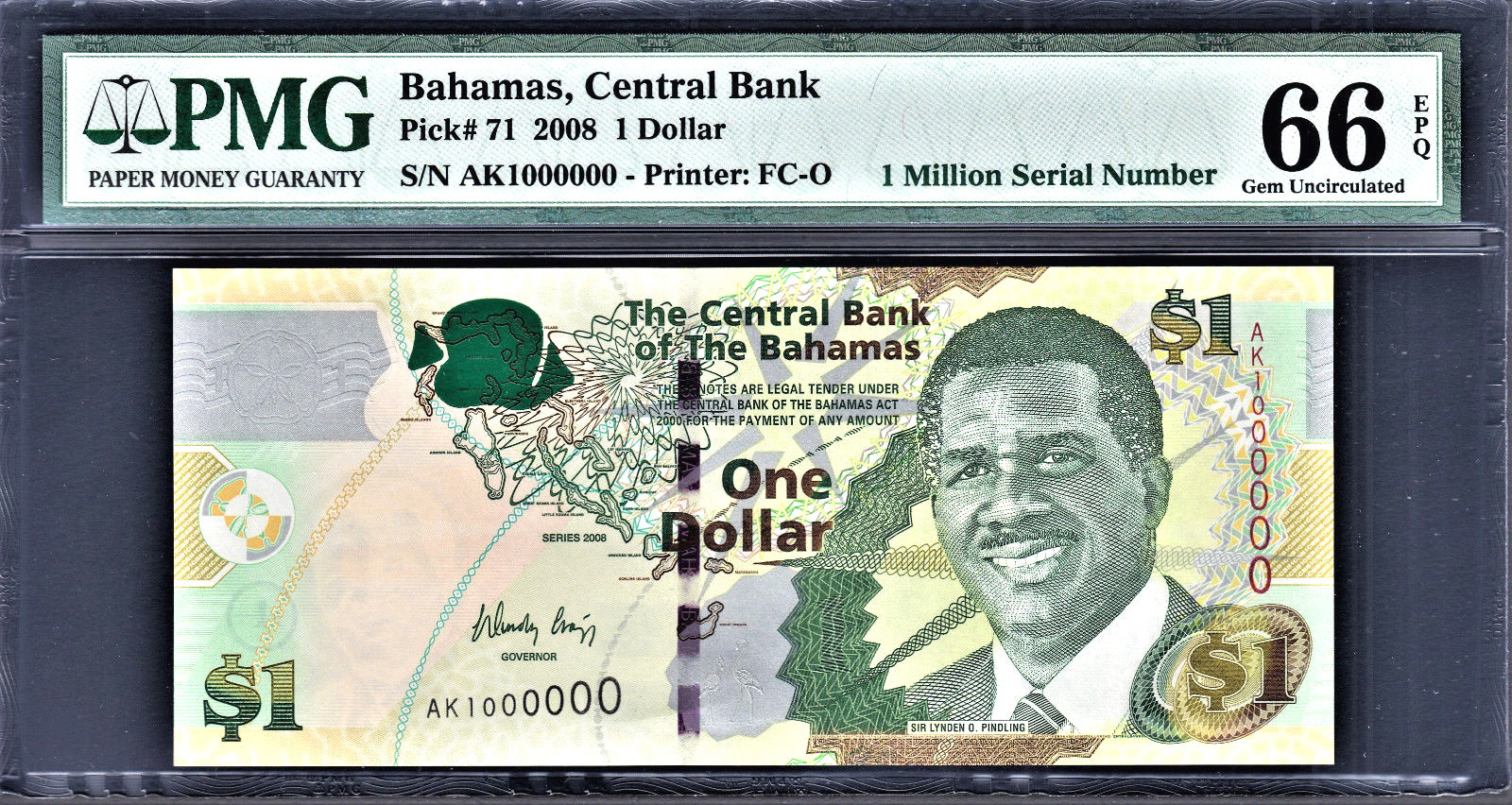 Bahamas 2008 $1 Solid Serial 1000000 (One Million) Pick-71 GEM UNC PMG 66 EPQ