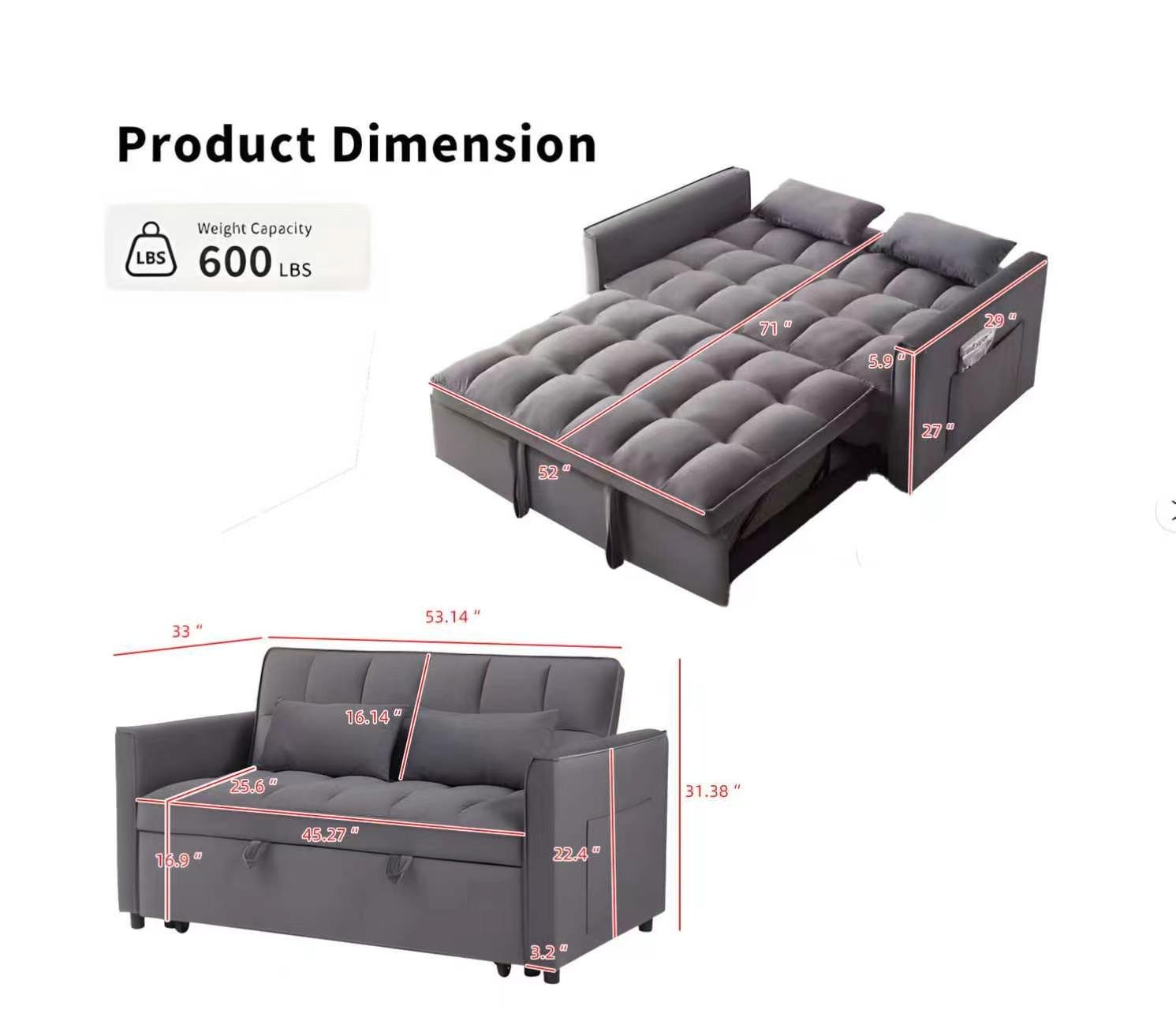 3 in 1 Convertible Sleeper Sofa Pull Out Bed Loveseat Couch Adjustable Backrest
