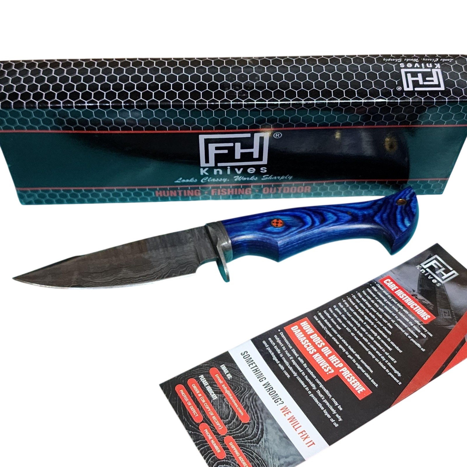 FH Knives Damascus Fixed Hunting Knife Gray Drop Point Blue Wood Leather Sheath