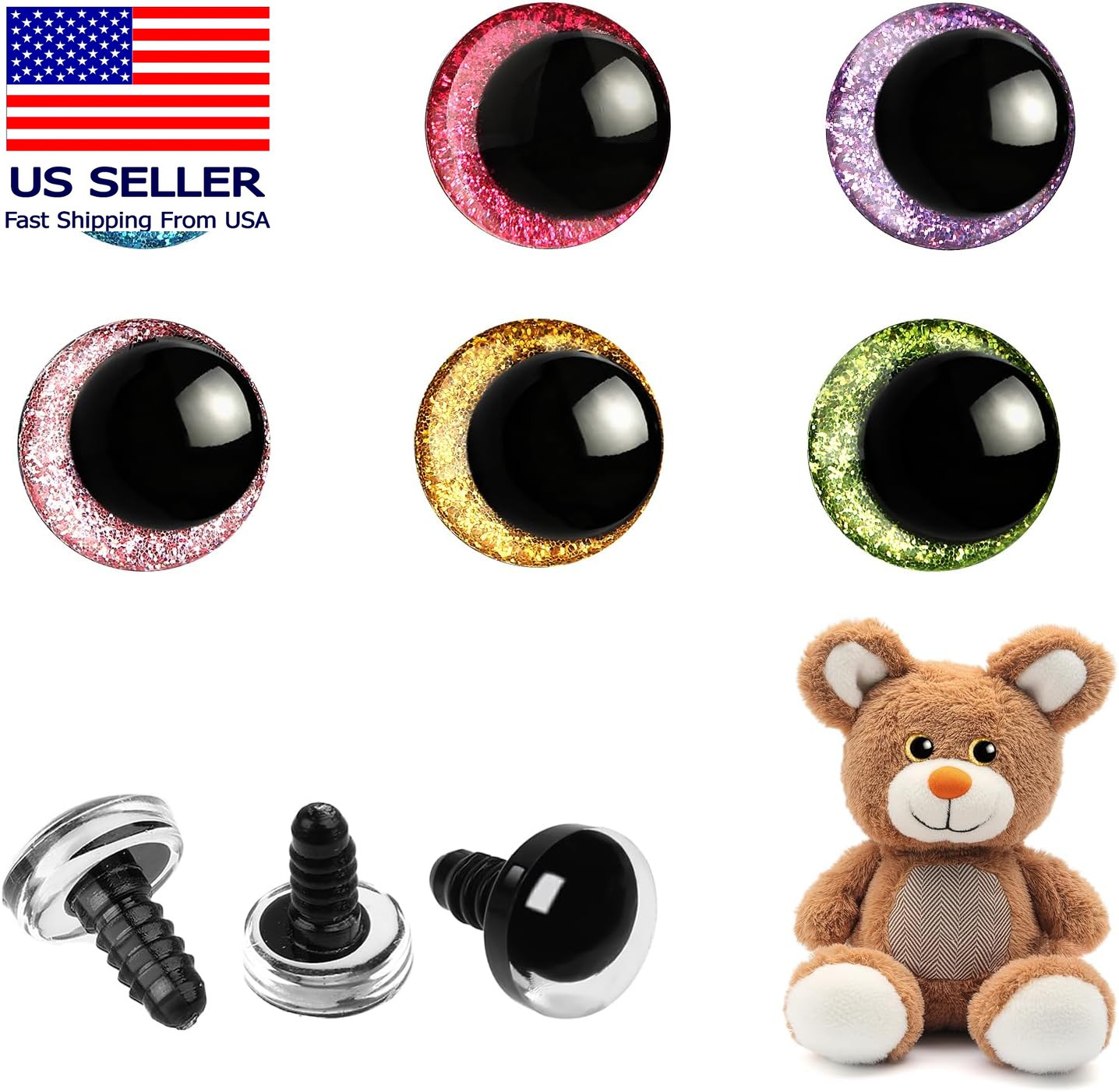 120Pcs 18Mm 3D Glitter Safety Eyes for Amigurumi, 6 Color Sparkle Safety Eyes wi