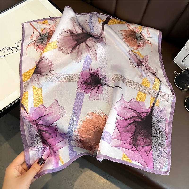 100% Silk Small Square Scarf Women Neckerchief Bandana Purple Flowers Wrap 53cm