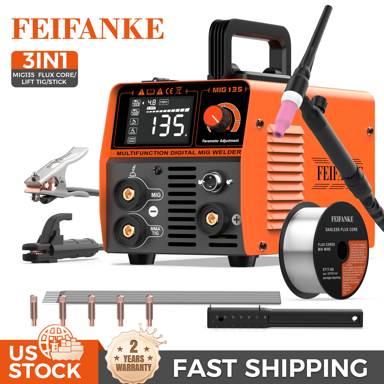 135A Flux Core MIG Welder 110V 3IN1 MIG/ARC/Lift TIG (TIG Welding Torch Include)