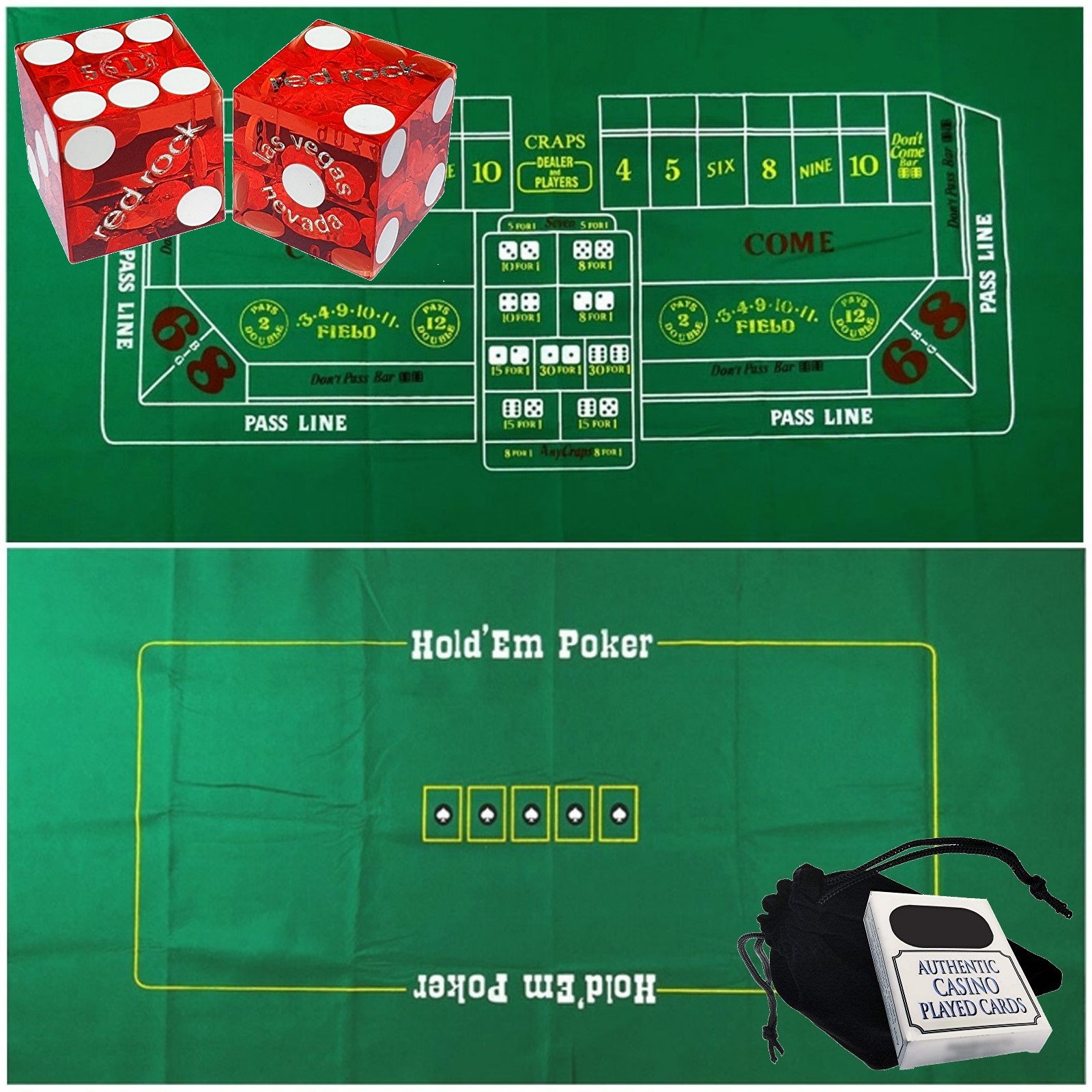 Red Rock Casino Dice Red Polished + Las Vegas Cards + Craps Poker 2-Sided Layout