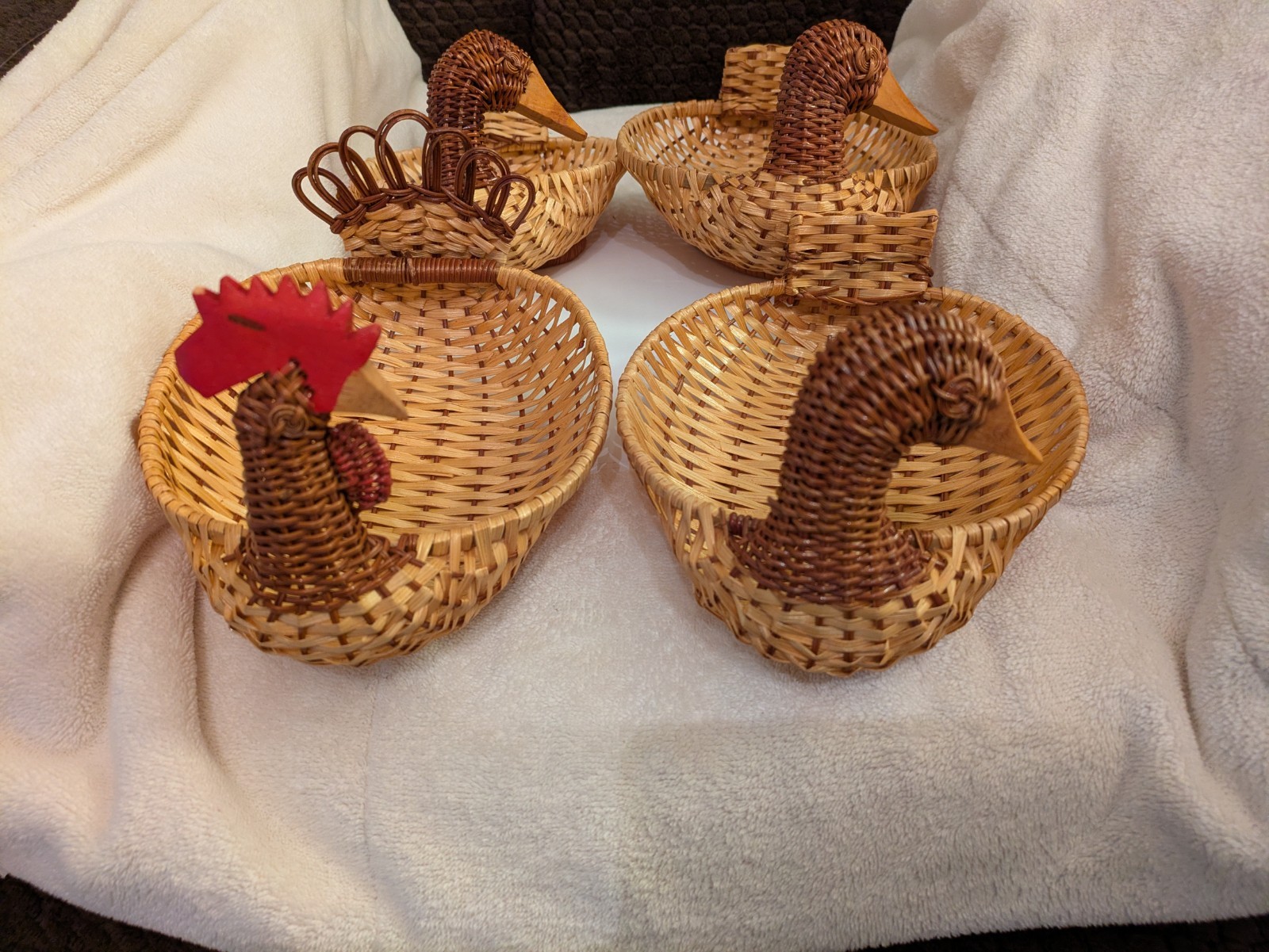 Three Duck and One Rooster Wicker Baskets w/Wood-Carved Bills