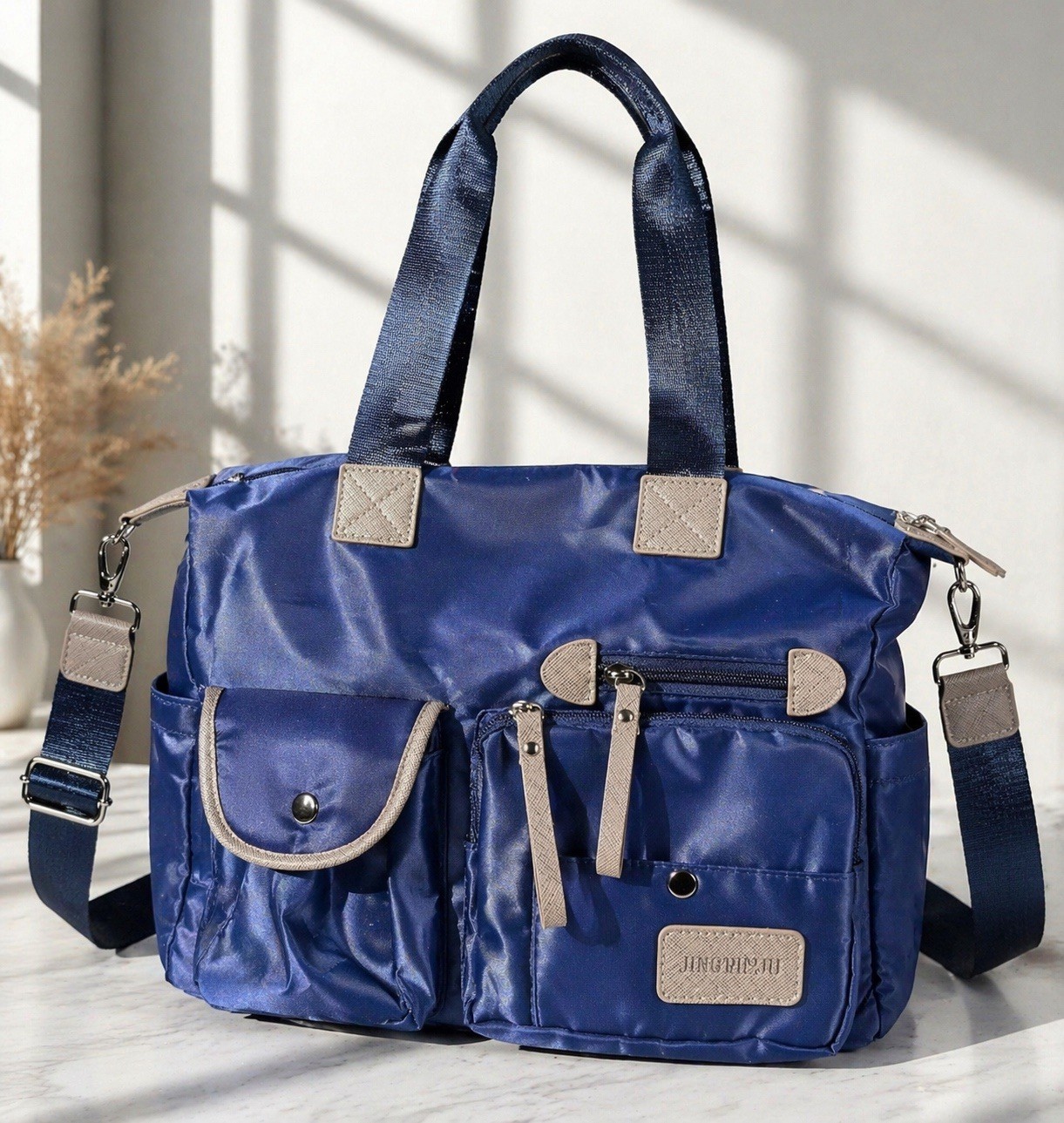 JINGPINJU Blue Nylon Tote Bag Multi Pocket Travel Handbag Adjustable Strap