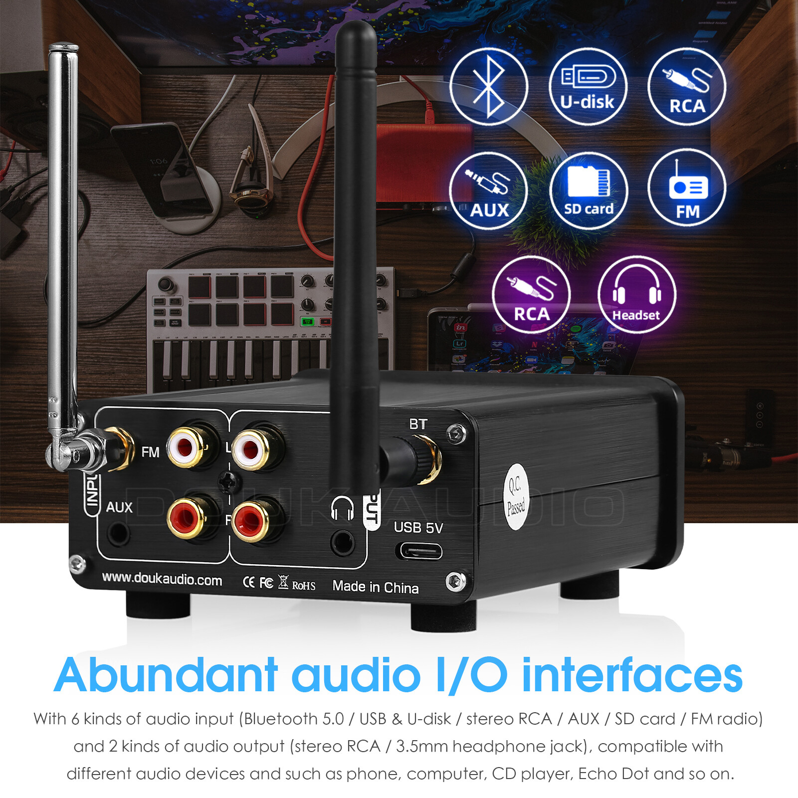 Bluetooth 5.0 Audio Receiver Wireless Adapter with USB SD Music Player FM Radio