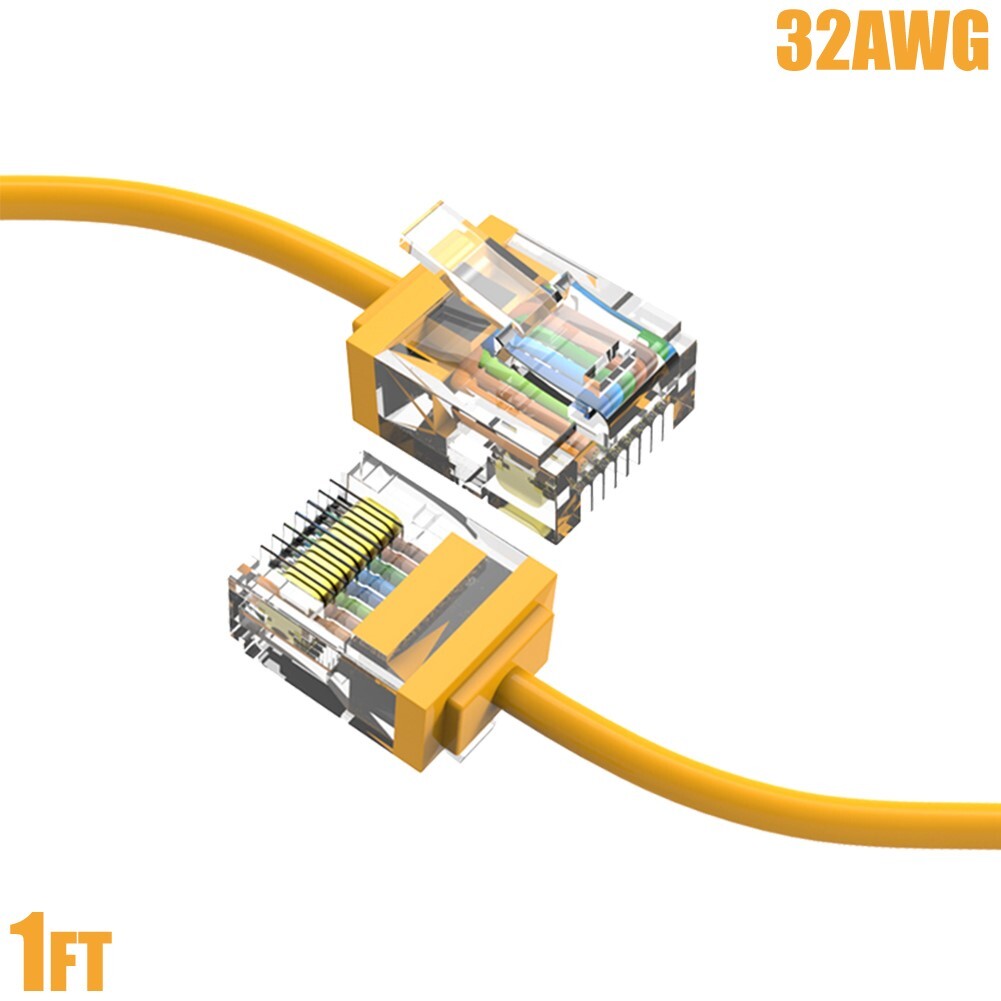 1FT Cat6A RJ45 Super Slim Network LAN Ethernet UTP Patch Cable Cord 32AWG Yellow