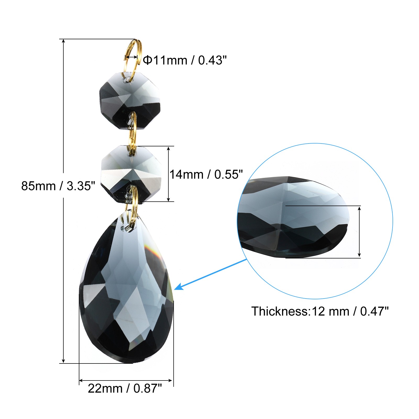 5Pcs 38mm Light Black Crystal Teardrop w 14mm Octagonal Bead Light Black
