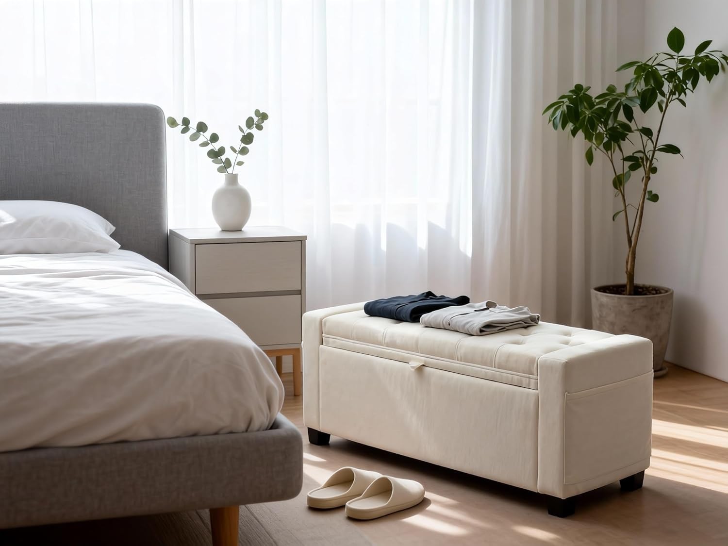 Storage Ottoman Bench Bedroom & End of Bed Seating Upholstered Tufted Linen
