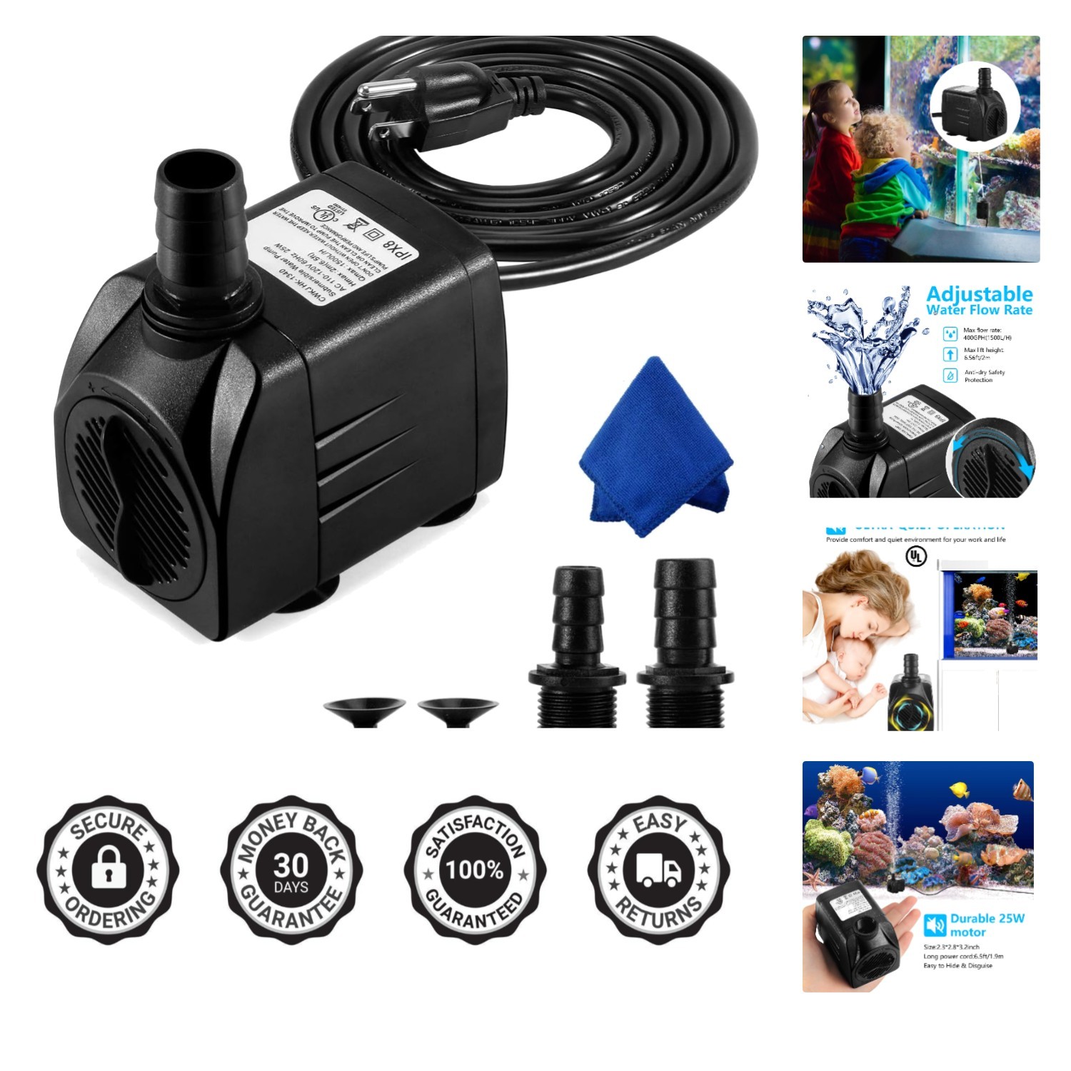 Adjustable 25W Submersible Fountain Pump - Quiet Operation with 6.5ft Power Cord