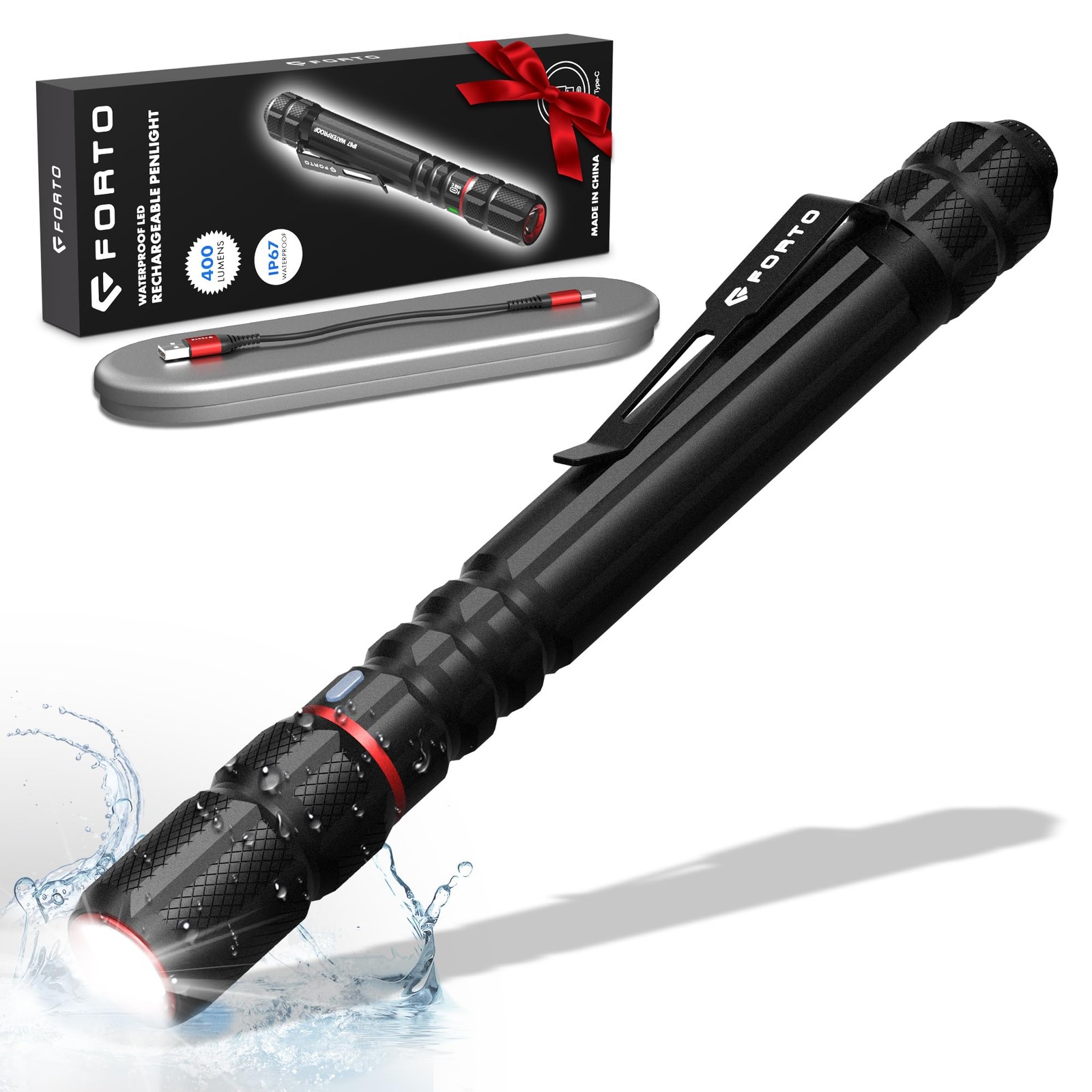 FORTO Rechargeable Pen Light Flashlight 400 Lumens Small Pocket Flashlight