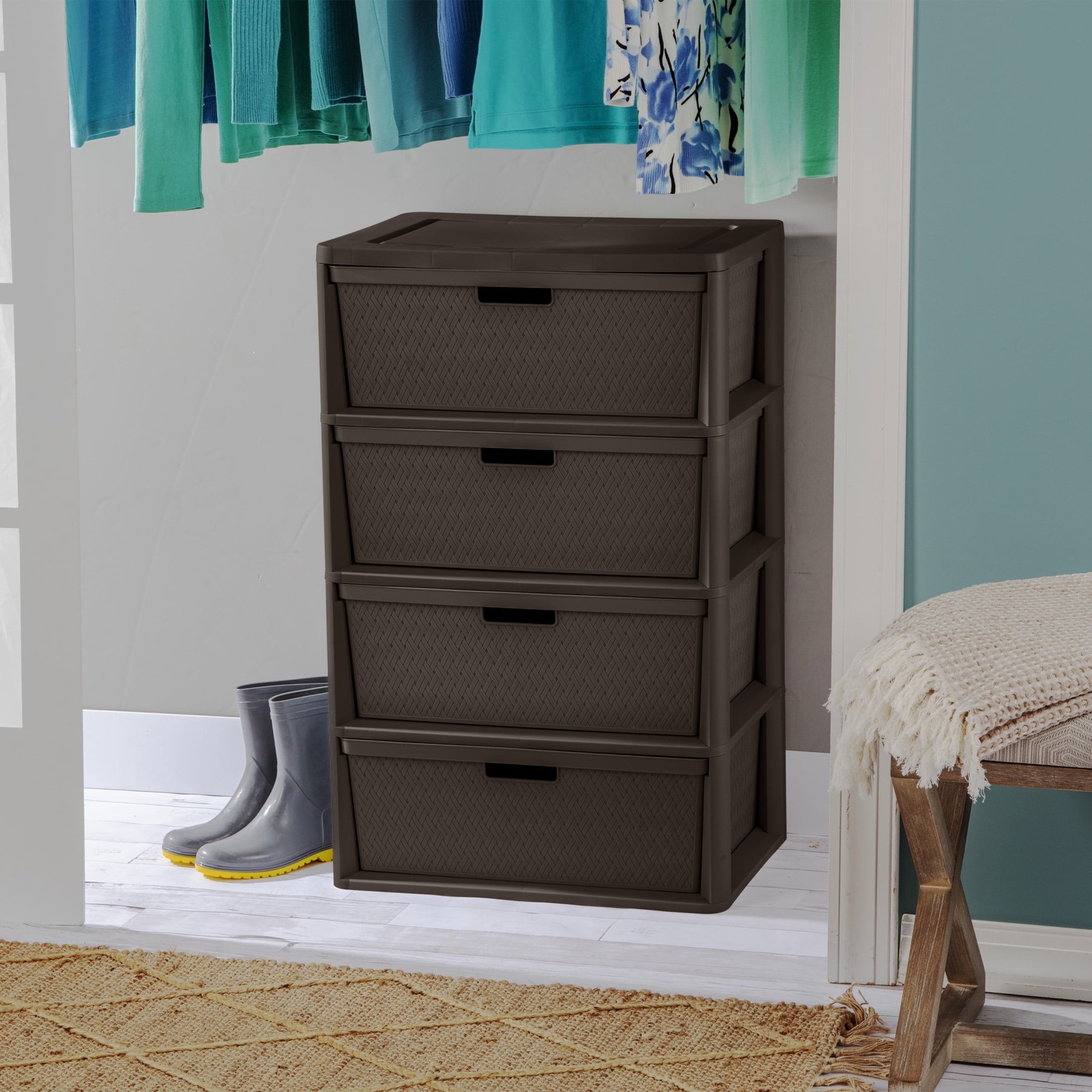 Wide 4 Drawer Tower Easy to Assemble W/ Removable Decorative Cross-Weave Plastic