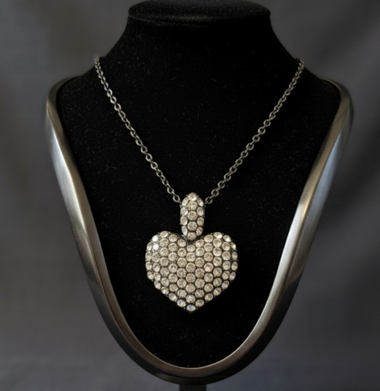 Rosa Flores Necklace Heart Pendant Bold Silver Tone Rhinestone Statement Jewelry