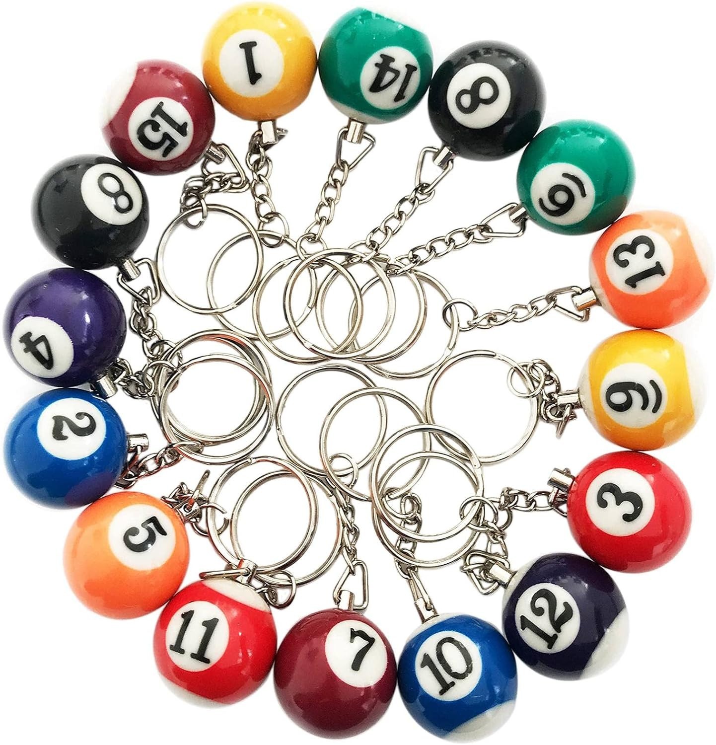 Colorful Billiard Ball 16 Pcs,Mini Key Chain Balls Eightball Billar Chains