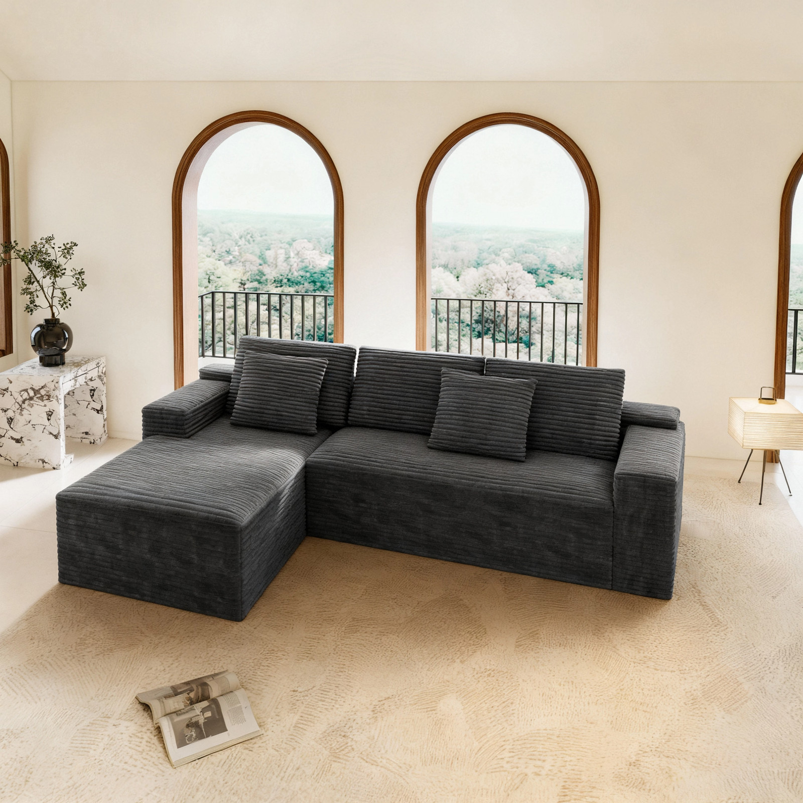 Modular Sectional Sofa Plush Corduroy Fabric Grey No Assembly Required