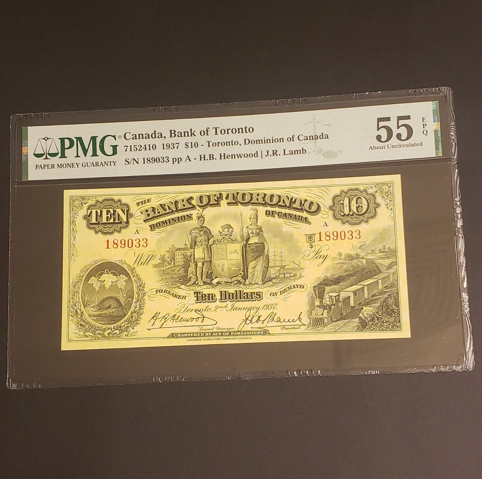 1937 Bank of Toronto $10 Chartered Banknote. Henwood Signed. PMG Graded. EPQ.