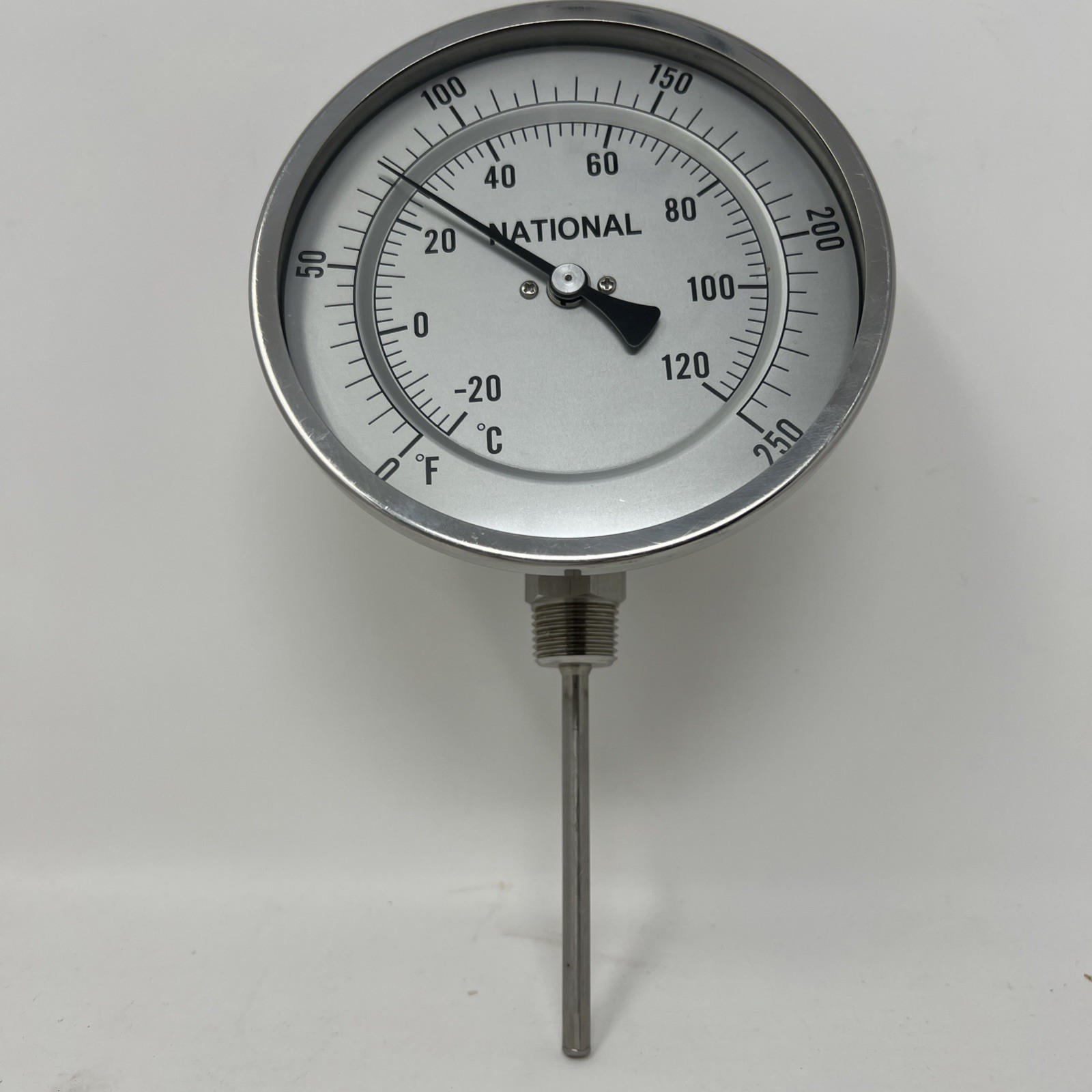 National 90° ADJ. ANGLE  THERMOMETER 0-250 F/C  5" Face 3.25” STEM Grainger 3/4”