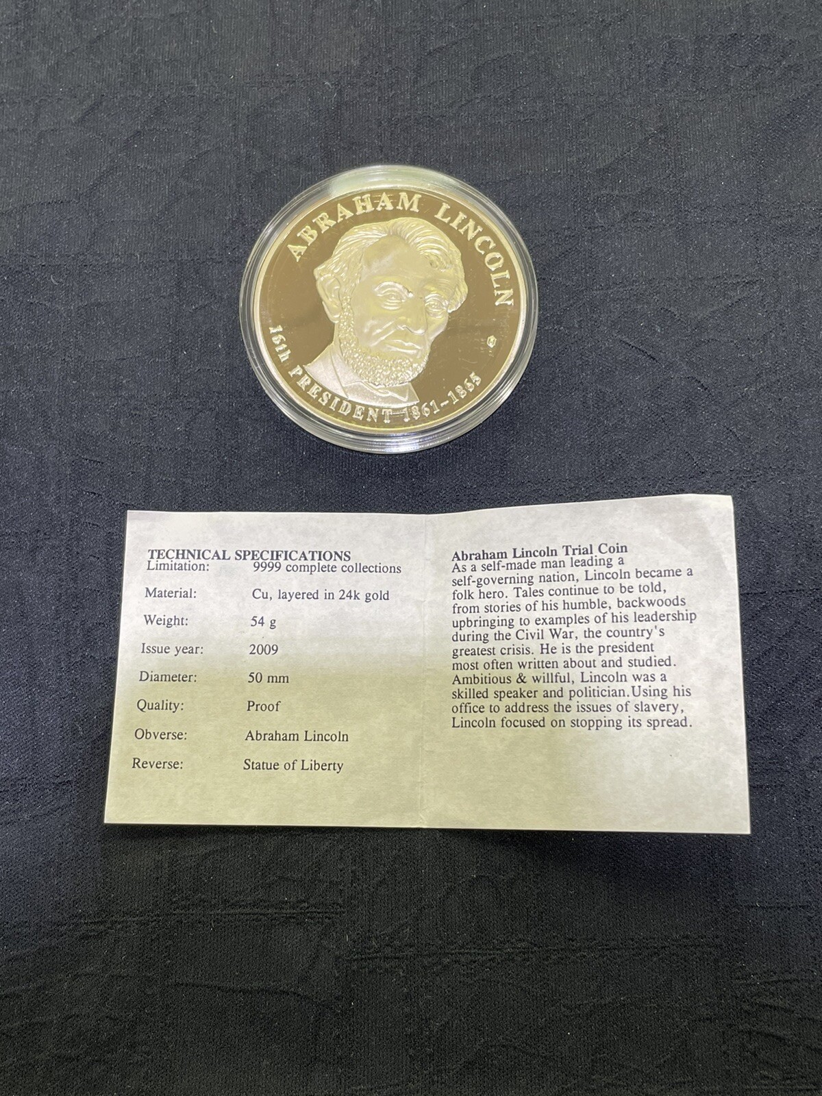American Mint Presidential Dollar Trials Abraham Lincoln Coin 24kt Layered COA