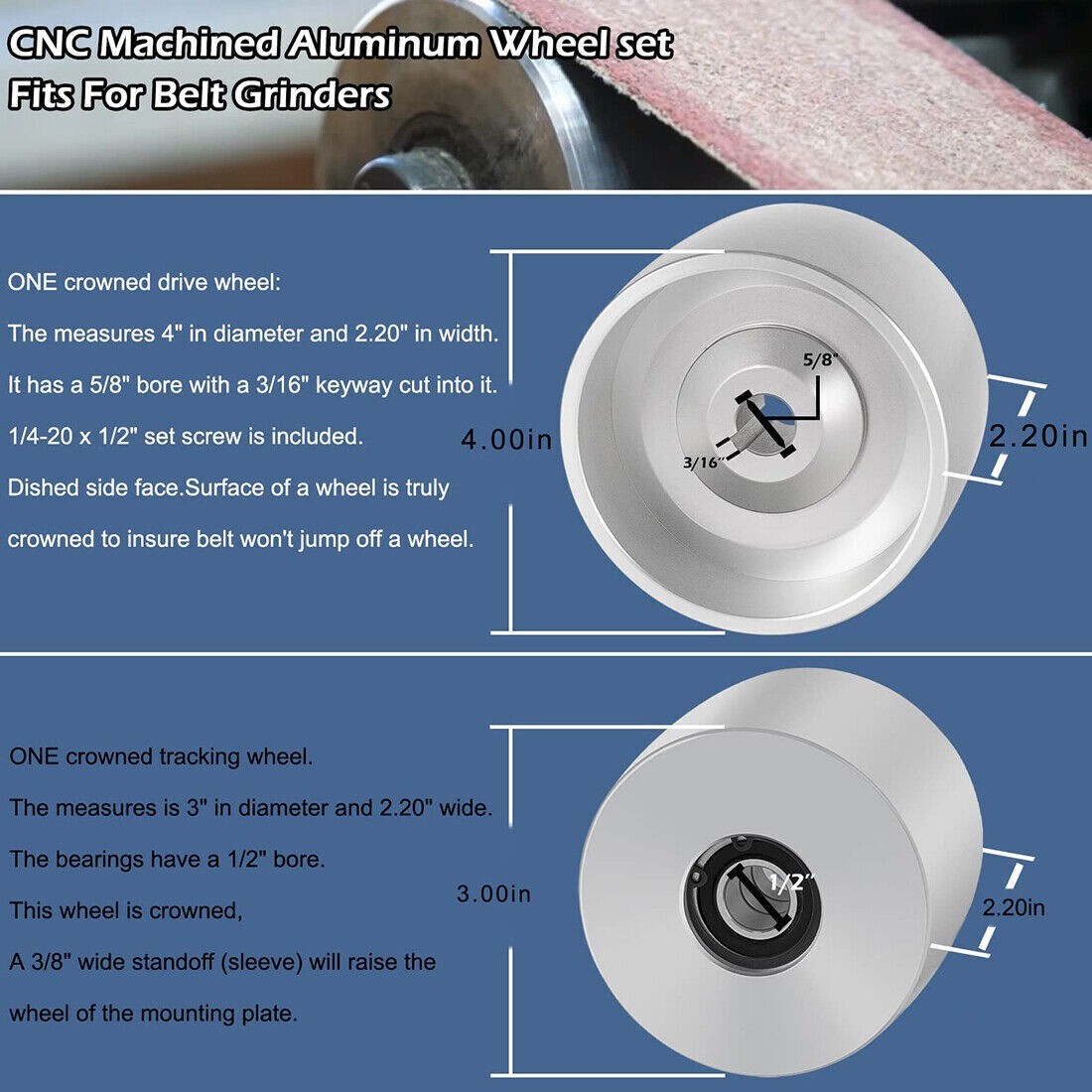 2" x 72" Belt Grinder Wheel Set Complete Wheel Kit or Knife Grinder 5" Drive