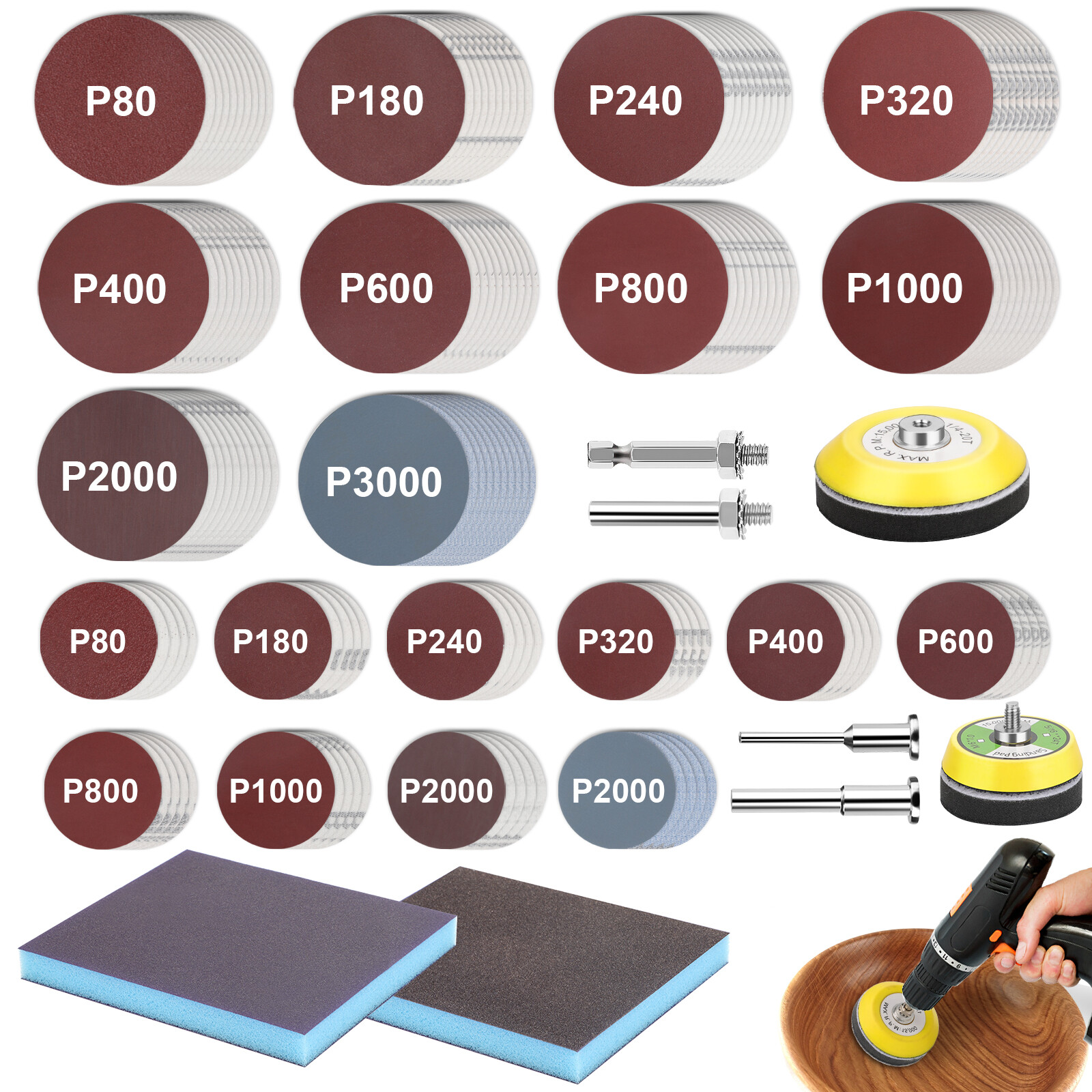 160x 2 & 3" Sanding Discs Set 80-3000 Grit Hook Loop Sandpaper Pads Sponge Block