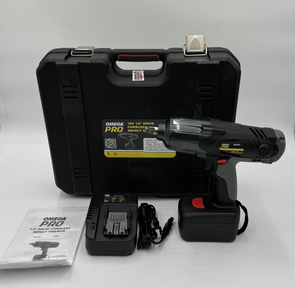 Omega Pro 82003 18V 1/2" Dr. Cordless Impact Wrench Driver Case Charger Batttery