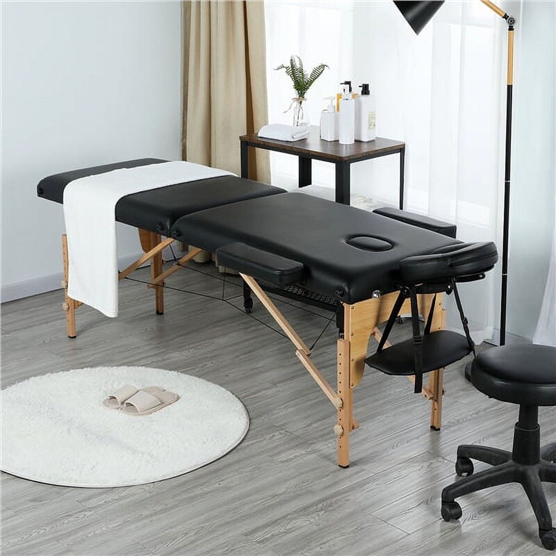 Portable Adjustable Wooden Massage Table Foldable Spa Bed Therapy Couch Black