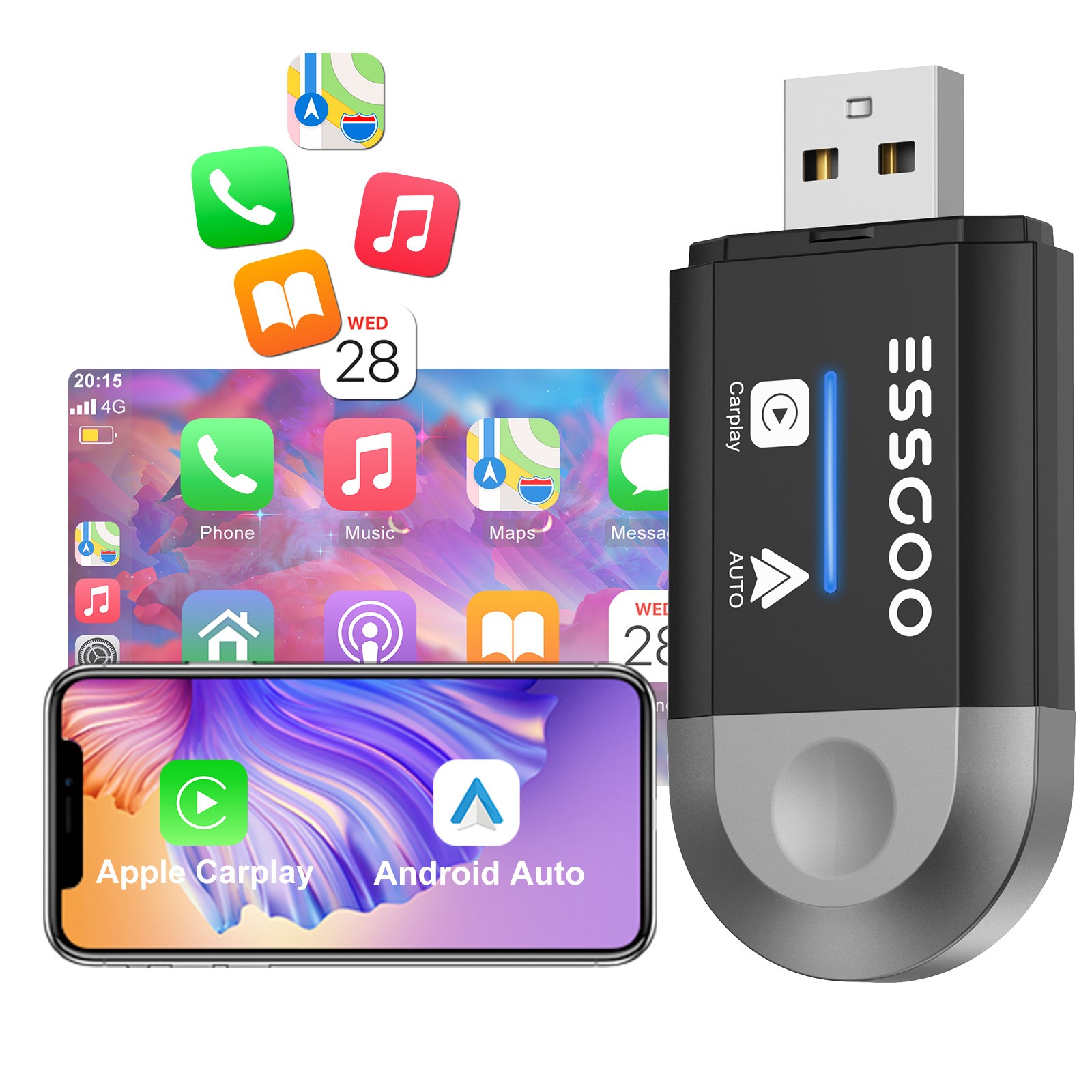 Mini Adapter Wireless CarPlay+Android Auto Adapter USB Plug & Play Navigation