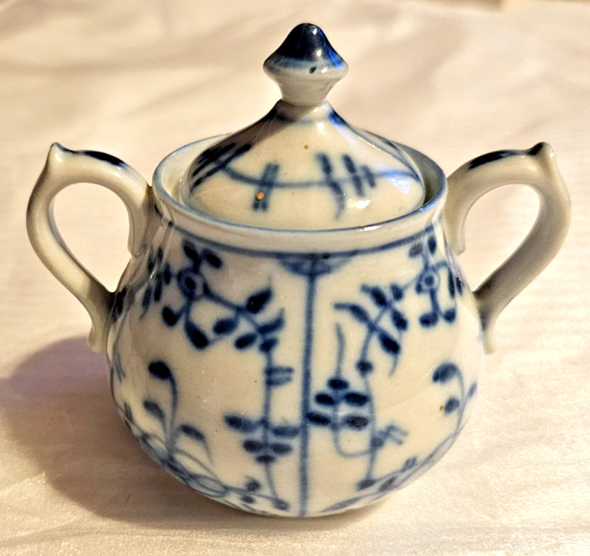 Antique 19th Century Chinese Export Blue & White Porcelain Sugar Bowl w/ Lid