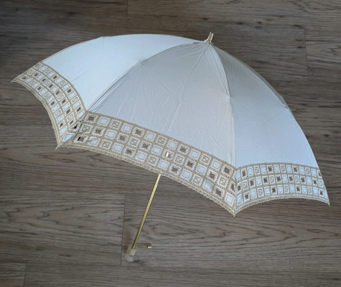 FENDI Zucca Folding Double UV Umbrella eyelet beige Auth Vintage 90s
