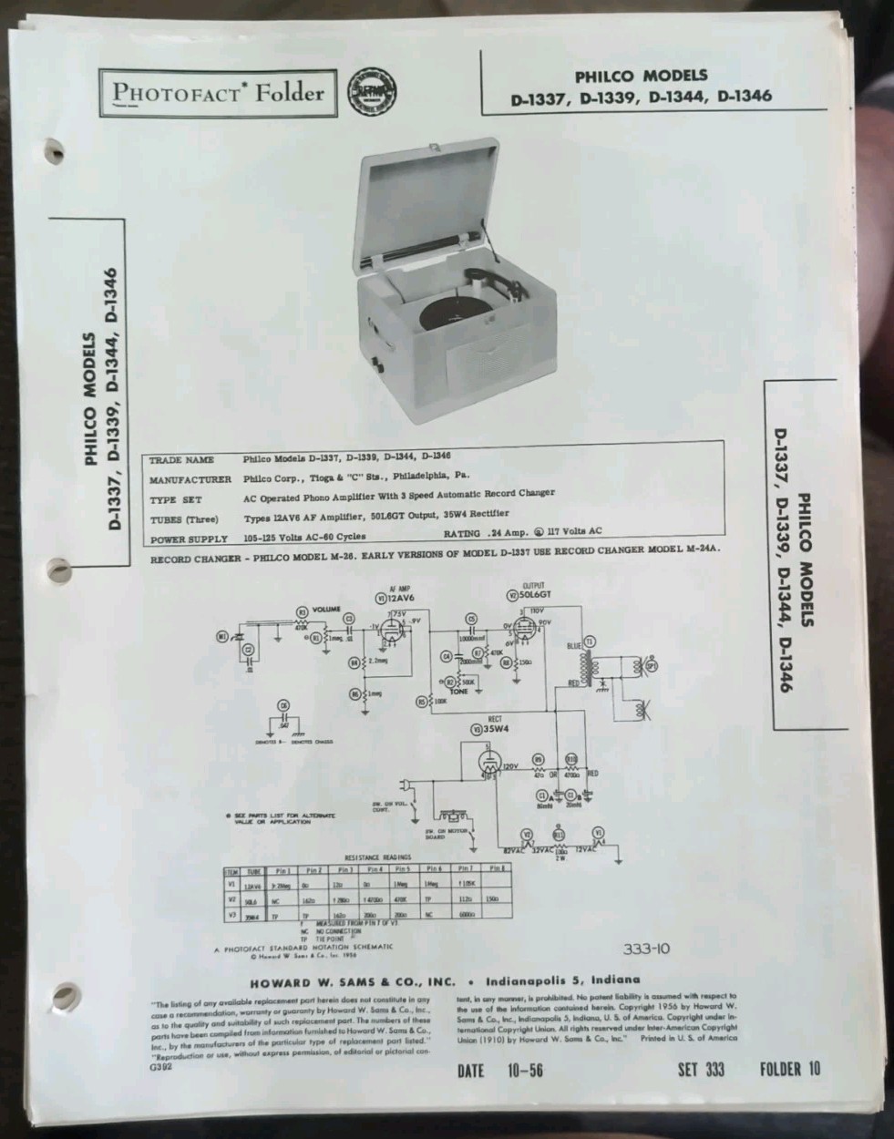 Original 1956 SAMS PHOTOFACT 333-10 Philco Models D-1337, D-1339, D-1344, D-1346