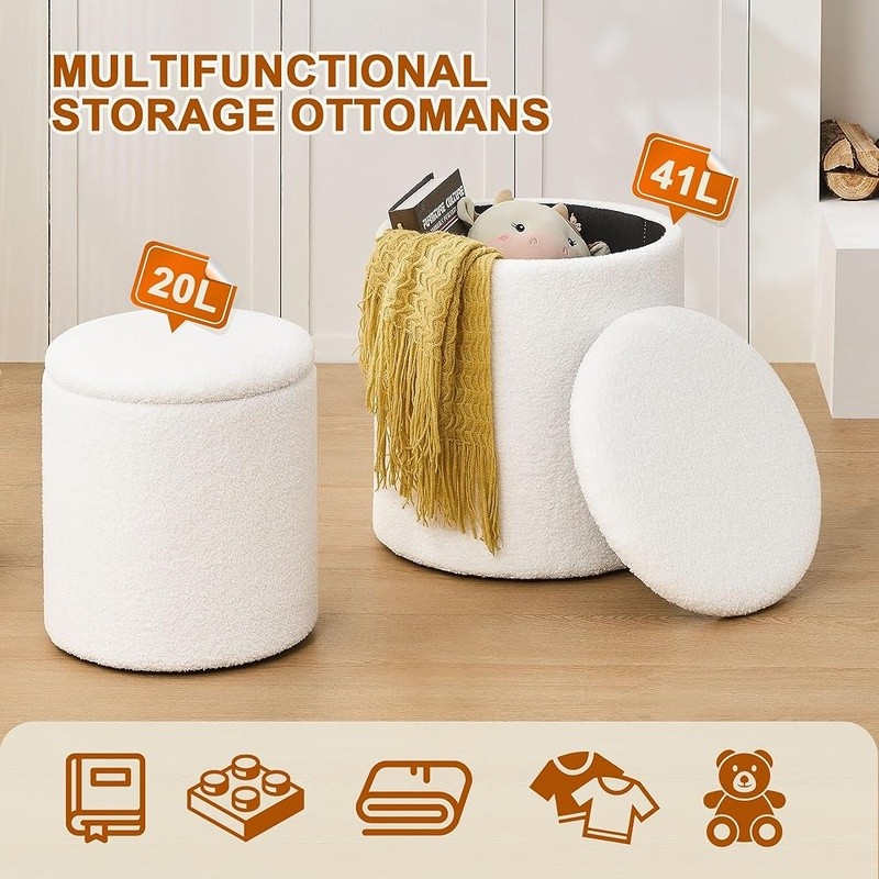 Round Velvet Ottoman Storage Stool Nesting Set Multifunctional Footrest 2-in-1