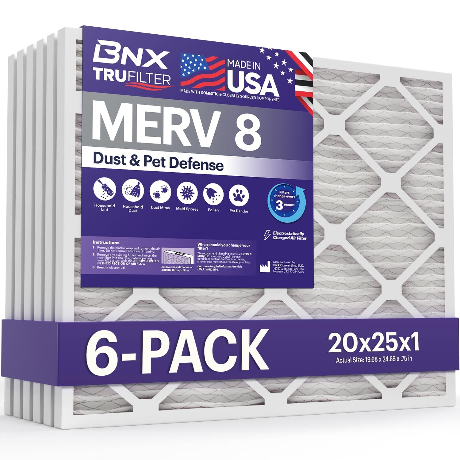BNX TruFilter 20x25x1 MERV 8 Air Filter 6-Pack Furnace HVAC