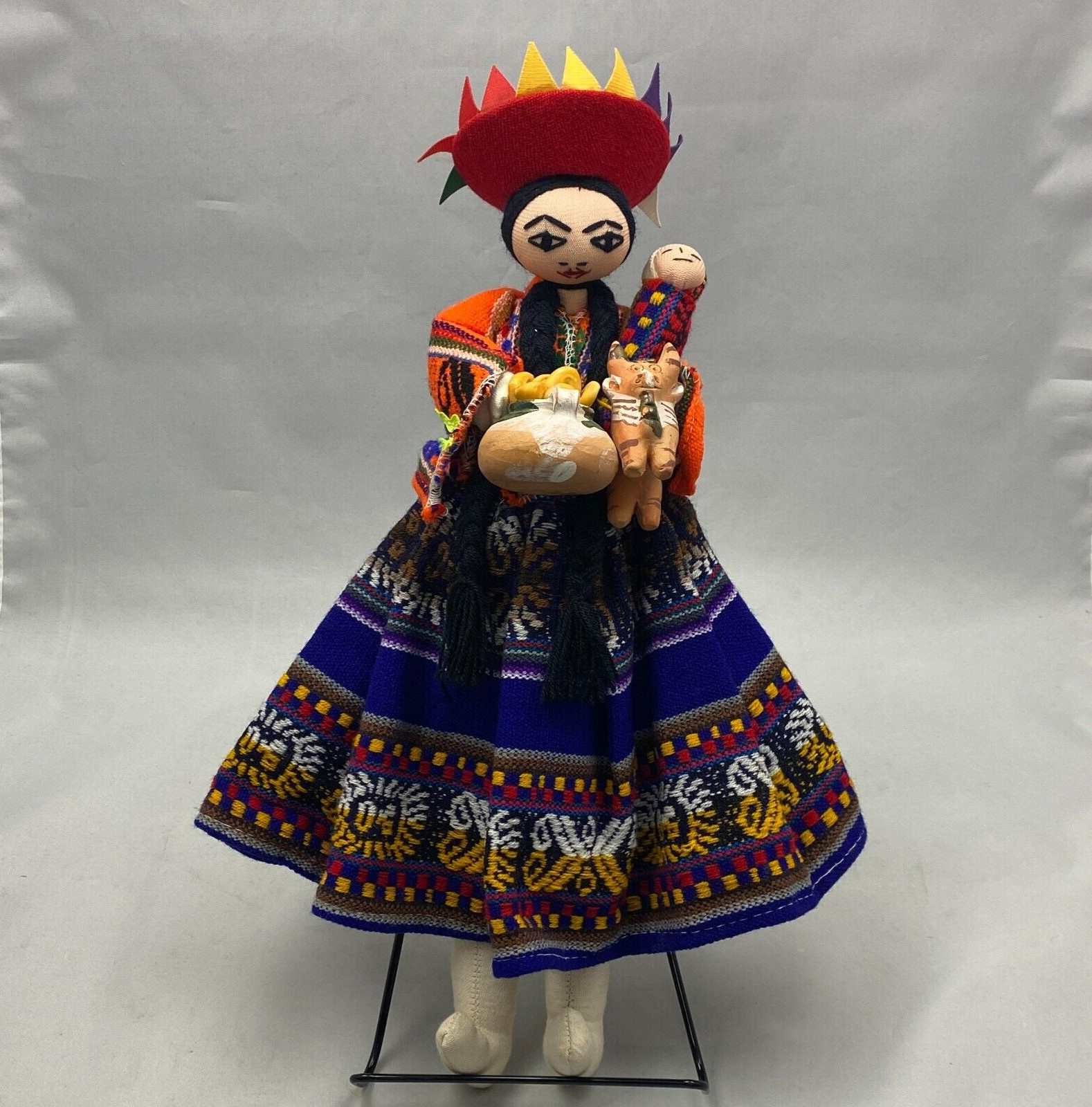 Handmade Colorful 16" PERUVIAN FOLK ART SENORA DOLL with Child and Market Goods