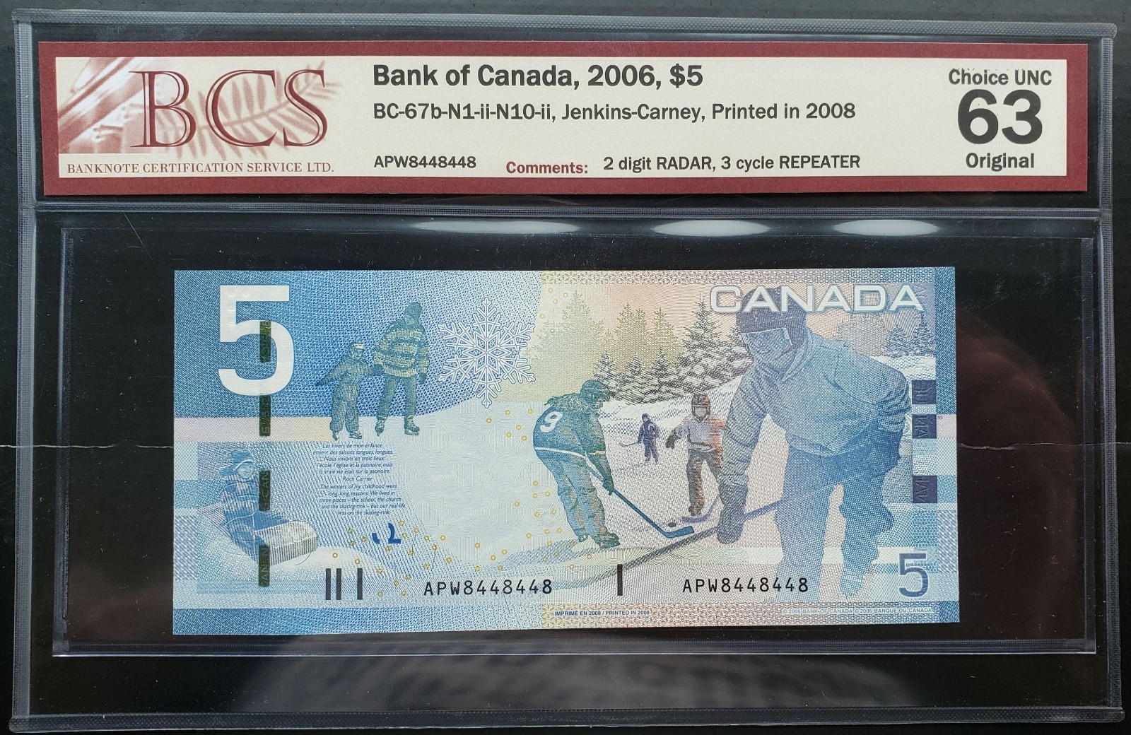 2006 Canada $5 Jenkins/Carney 2 Digit Radar+Repeater APW8448448 CH.UNC63 BC-67a