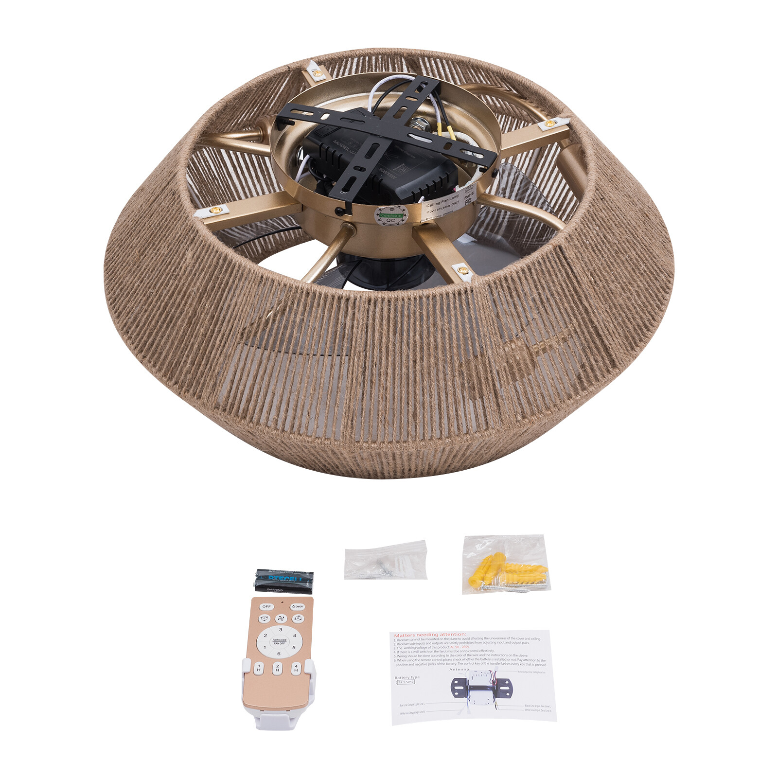 Boho Ceiling Fan Rattan Caged Flush Mount Fan Light +Remote Control Ceiling Fan