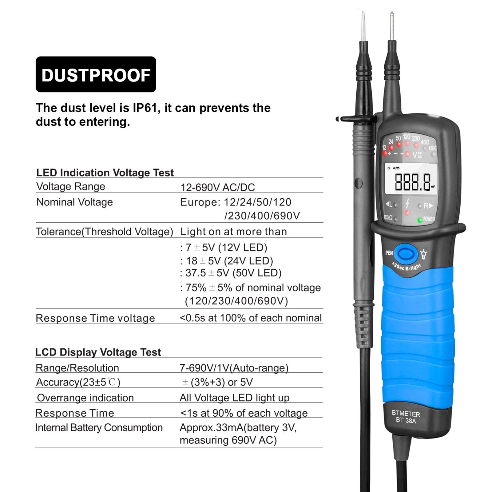 Pen-Style Multimeter 12-690V AC/DC Voltage Tester Phase Rotation & Continuity
