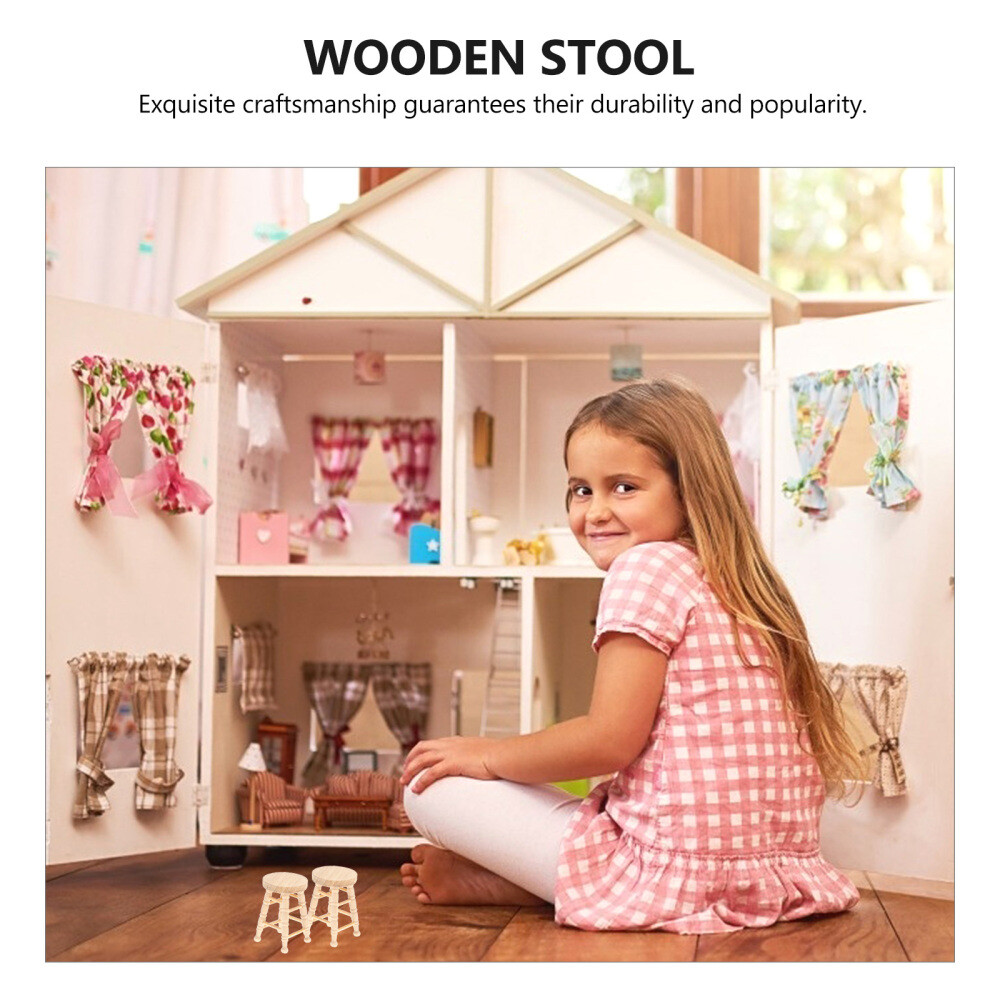 4PCS Wooden Stools Photo Props Kids Playthings Dollhouse Supplies (Khaki)