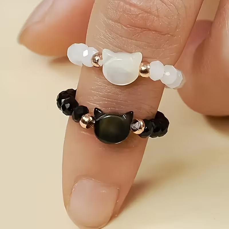 Cat Themed Beaded Stretch Rings  2 Piece Set Black & White Stacking Jewelry