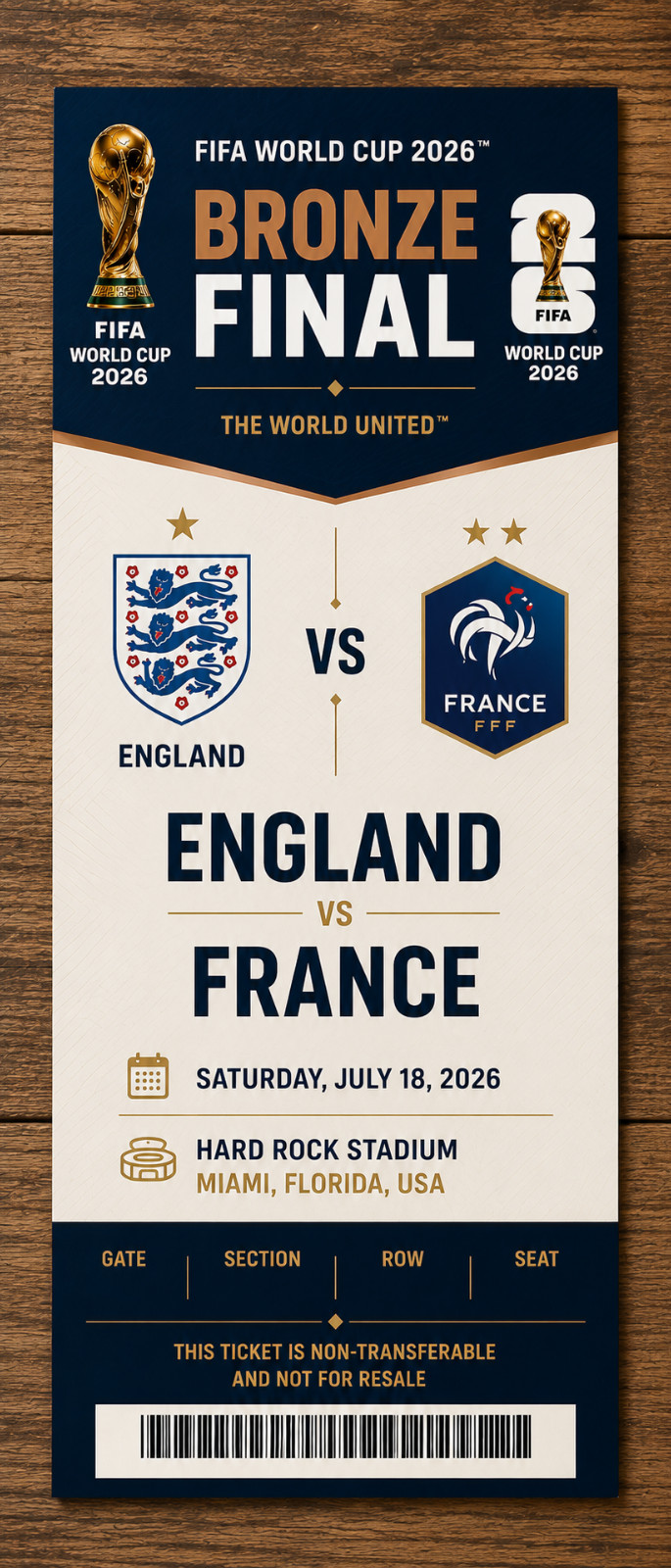 FIFA World Cup Bronze Final England vs France 2026 ticket stub customizable