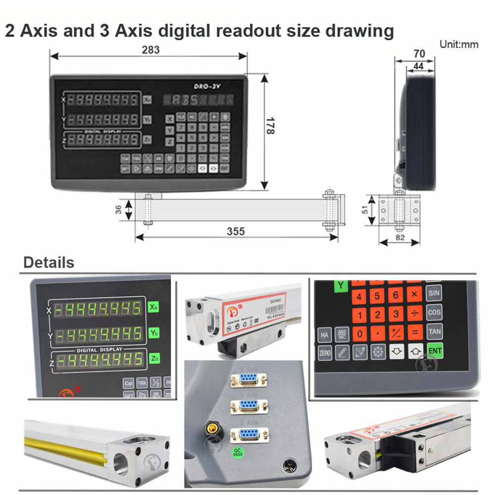 2 Axis Digital Readout+ 2pc Linear Scales Glass Sensor LED DRO Display Kit Lathe