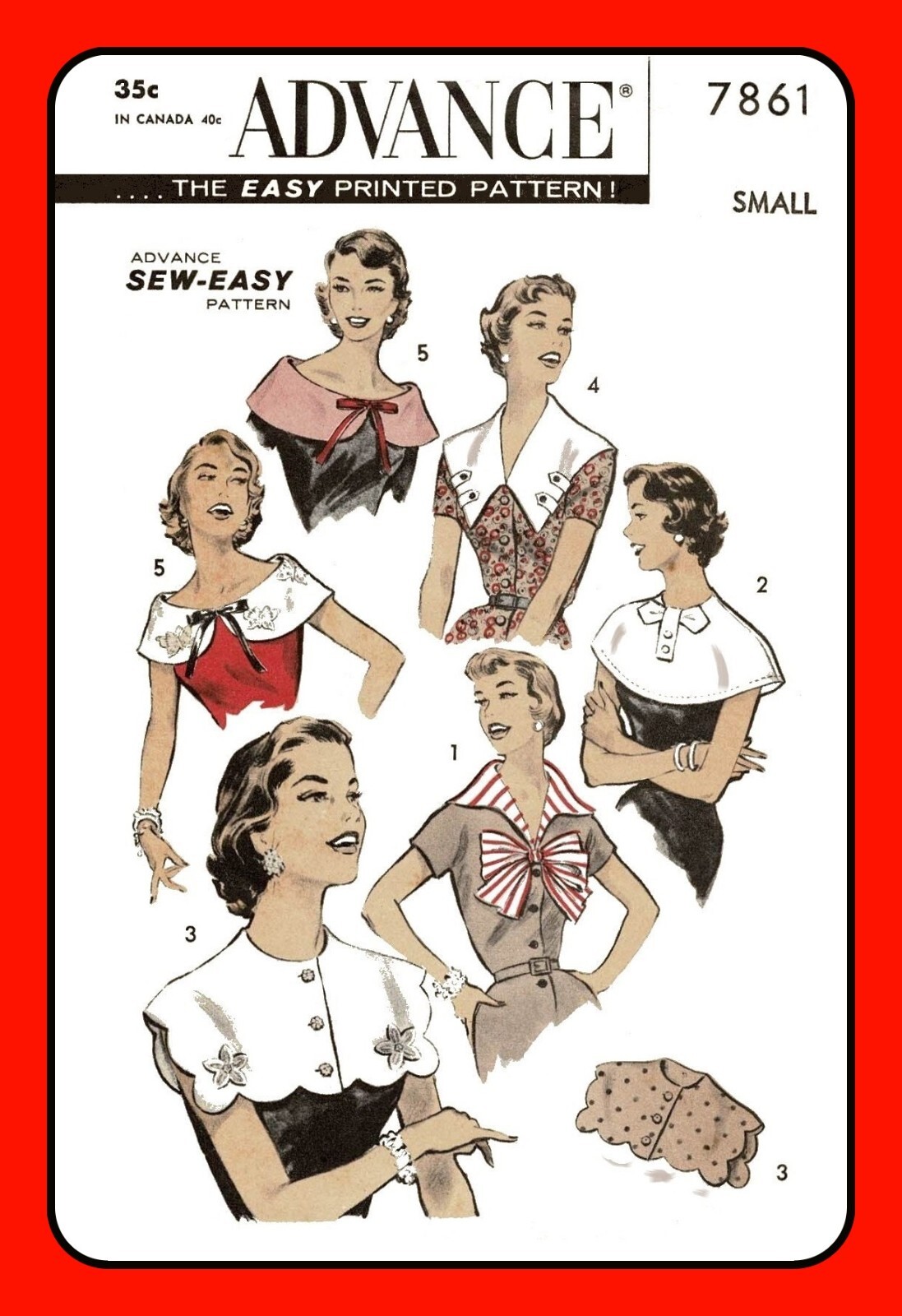 COLLARS Sewing Pattern Scallop Wing Shoulder Scoop Tab SML Advance 7861 Vtg 50s