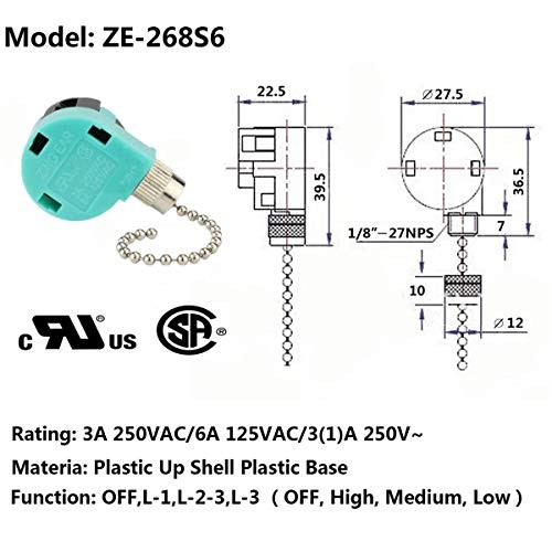 Ceiling Fan Switch 3 Speed 4 Wire Zing Ear ZE 268S6 Pull ZE-268S6 Nickle 1Pack